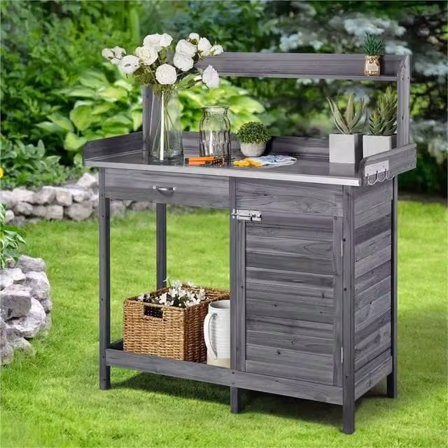 EONLION Grey Rustic Wood and Metal Garden Potting Bench Table, Width: 100 cm – 1