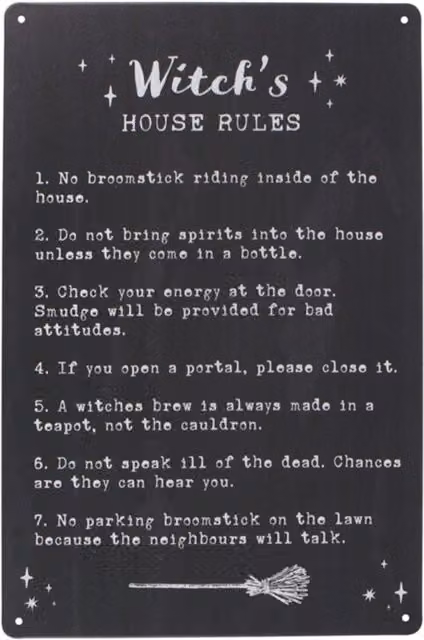KDMK Witch's House Rules Metal Wall Sign, Black, W: 30 cm, H: 20 cm