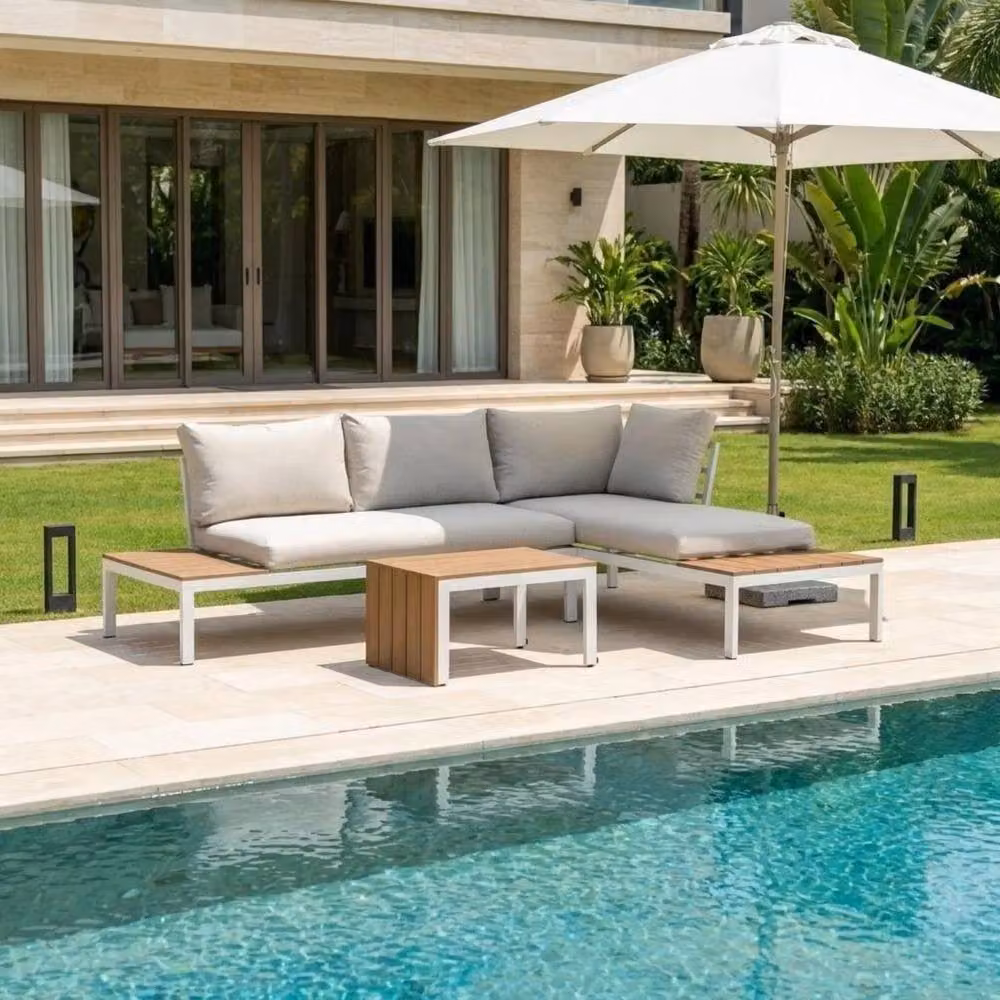Artemis Home Avena L-Shape Outdoor Corner Sofa and Coffee Table Set in Natural White and Beige – 2