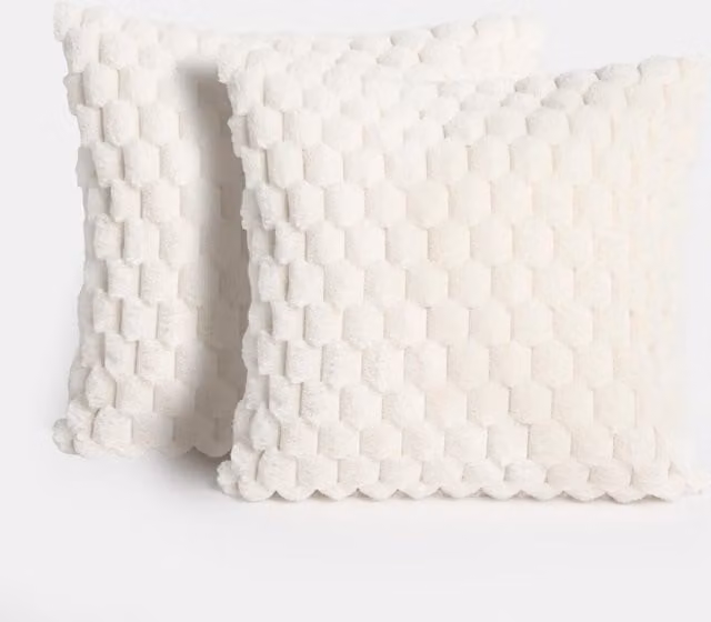 OHS Pack of 2 Square Waffle Fleece Faux Fur Cushion Covers in Beige, Yellow and White