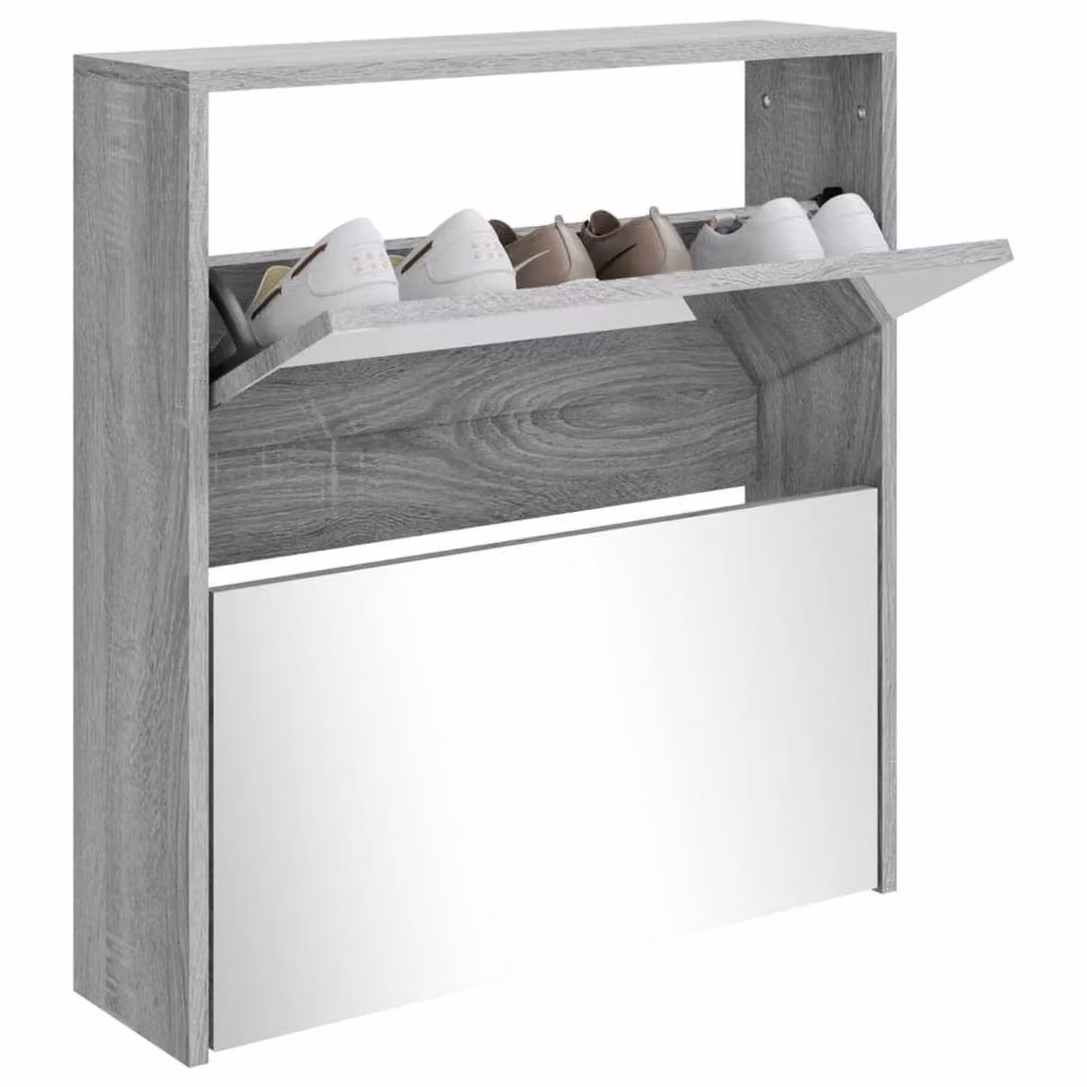 Berkfield Home 2-Layer Grey Shoe Cabinet with Mirror, W/D/H: 63 x 17 x 67 cm – 2