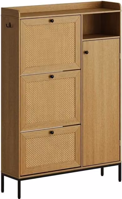KORVIXA Scandinavian Rattan 3-Drawer Tilt-Out Shoe Cabinet in Brown and Beige, W/D/H: 100 x 100 x 100 cm