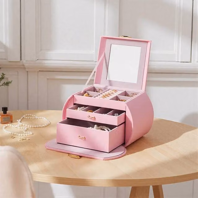 EONLION 3 Layer Jewellery Organizer and Necklace Storage Box in Pink PU Leather, Width: 50 cm