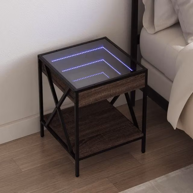 Berkfield Home Infinity LED Bedside Table in Brown Oak with Mirror Top, W/D/H: 40 x 40 x 49 cm – 1