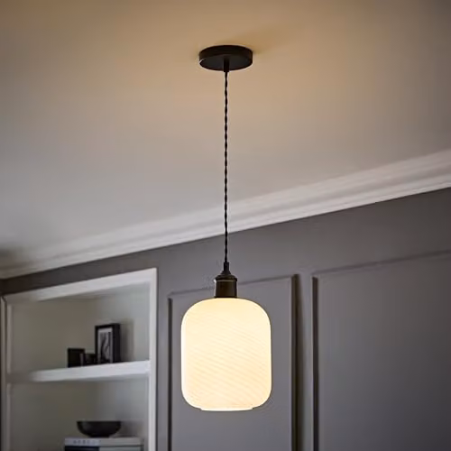 ValueLights Emery Frosted Swirl Glass Single Diner Ceiling Light with Bulb in Matte Black – 2