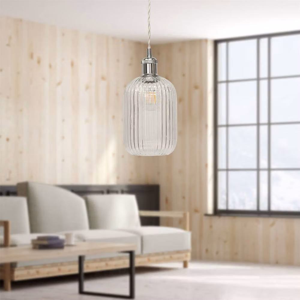 First Choice Lighting Batley Set of 2 Retro Pendant Fittings with Transparent Ribbed Glass and Chrome Finish – 2