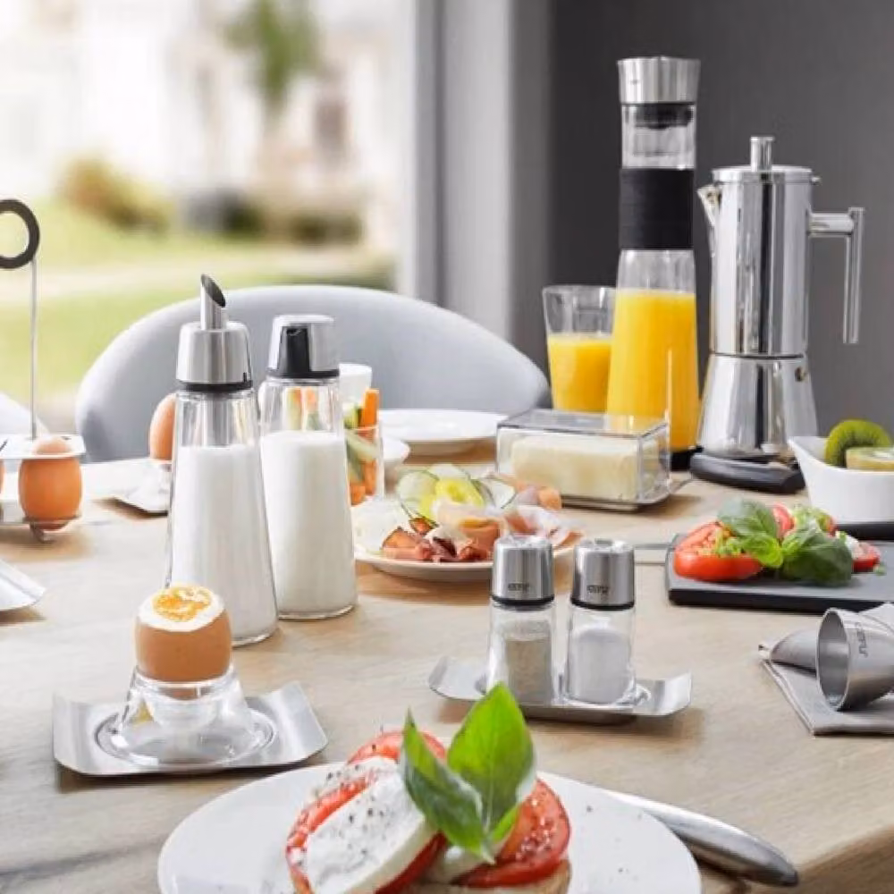 Gefu BRUNCH Breakfast Tableware Set with Egg Cups, Salt and Pepper Shakers and Stand in Clear – 3