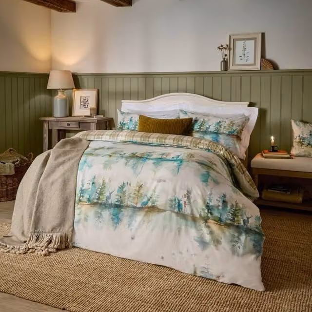 Voyage Maison Green Cotton Reversible Duvet Cover Set, W/D/H: 140 x 200 cm