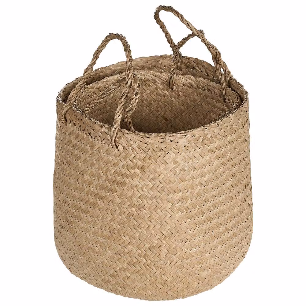 Wyld and Coco Set of 2 Handwoven Natural Seagrass Baskets in Beige and Sand with Handles – 3