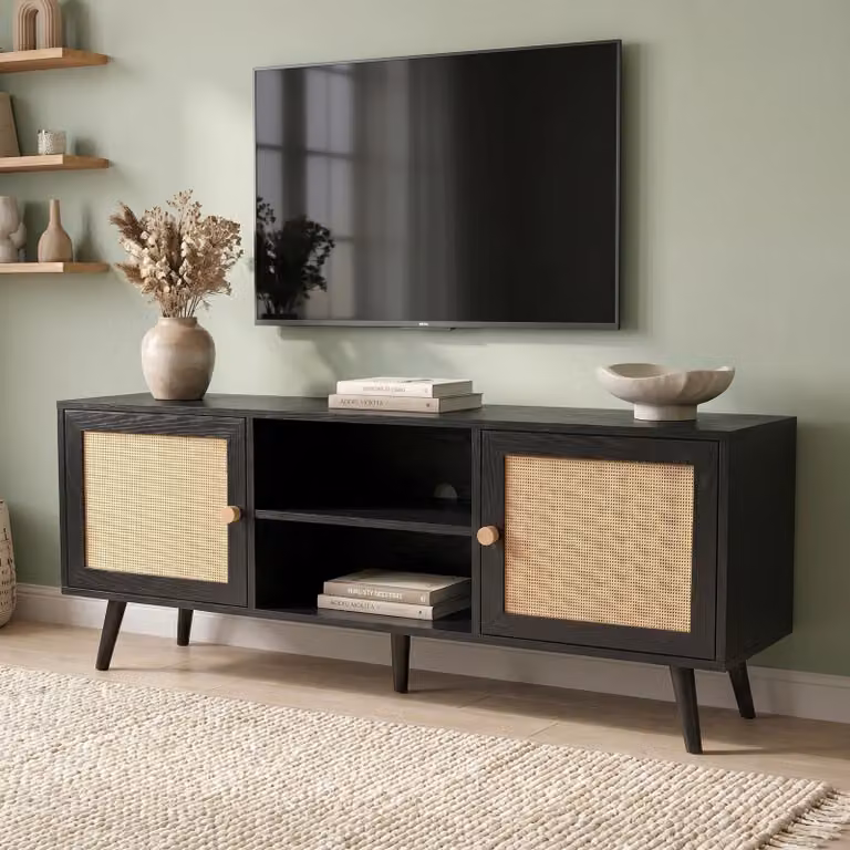 DHS Mid-Century Black Rattan TV Unit with 2 Door Storage Cabinet and Gold Details, W: 140 cm, D: 40 cm, H: 55 cm
