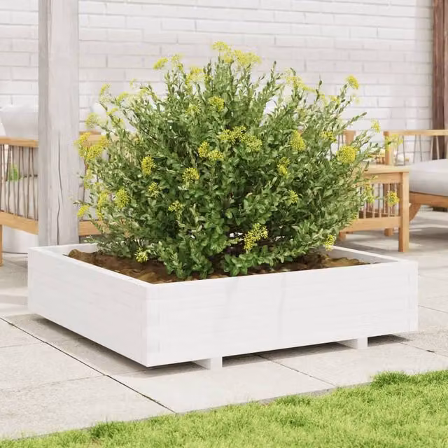 Berkfield Home Decorative White Garden Planter Tub made from Solid Wood, W: 100 cm, D: 100 cm, H: 26.5 cm