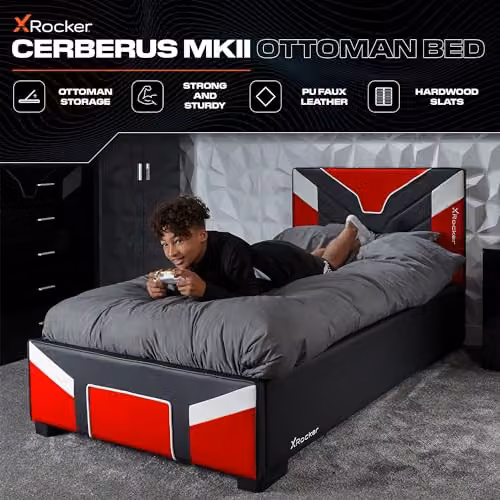 X Rocker Cerberus Gaming Ottoman Bed Frame, Upholstered Synthetic Leather with Lift Up Base, Red Black White, W/D/H: 120 x 190 x 92 cm – 2