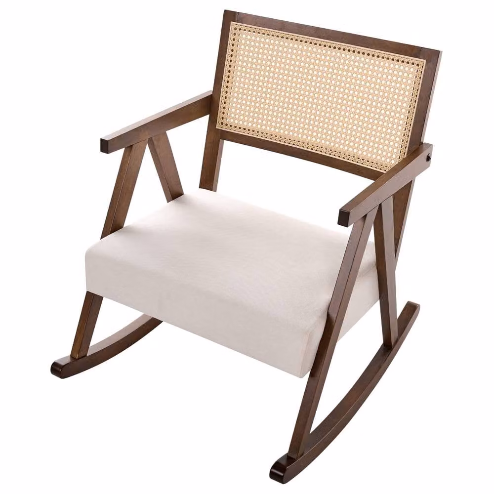 Wyld and Coco Vienna Backrest Rocking Armchair in Brown and Beige Fabric with Solid Rubberwood Frame – 4