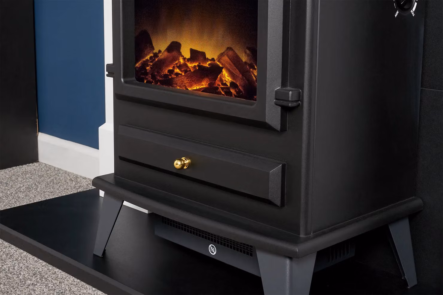 Adam Fires & Fireplaces Harrogate Stove Fireplace in Pure White and Black with Hudson Black Electric Stove, 39 Inch – 4