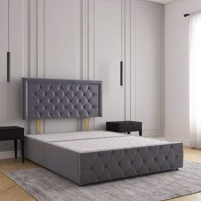 Regional Furnishings Super King Plush Velvet Divan Bed with 24 inch Headboard and Footboard in Charcoal Grey, W/D/H: 200 x 200 cm