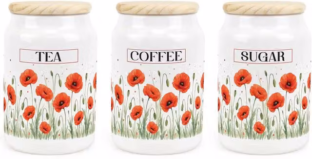 Purely Home Summer Poppies Floral Ceramic Tea, Coffee and Sugar Airtight Canister Set in Red, Brown and Orange