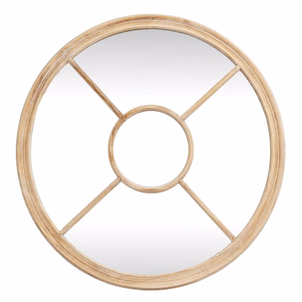 Wyld Haus Large Round Wooden Windowpane Wall Mirror in Brown – 2