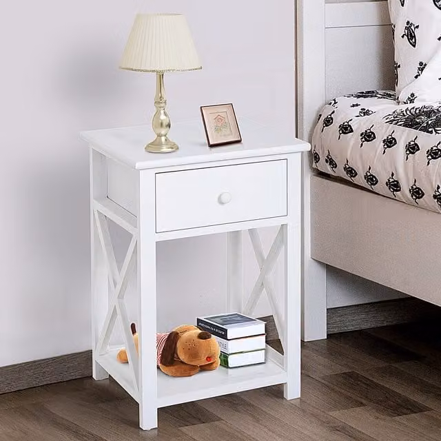 HOMCOM Modern White End Side Table with Drawer and Shelf