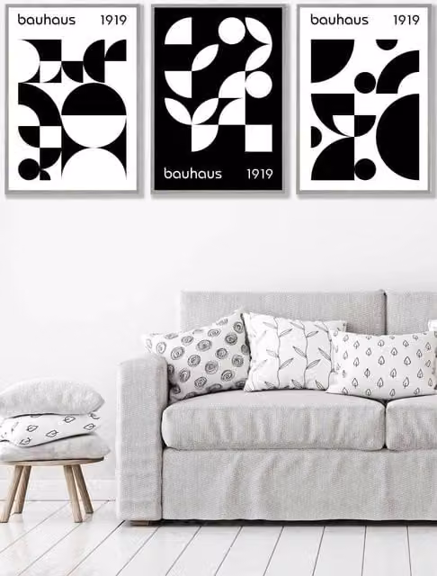 ARTZE Set of 3 Bauhaus Mid Century Abstract Wall Art in Black, White and Grey, W: 33 cm, H: 45 cm, D: 2 cm