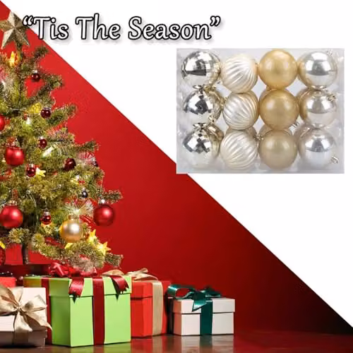 VFM e-Store Set of 24 Round Champagne and Gold Christmas Bauble Hanging Tree Ornaments, 8 cm – 6