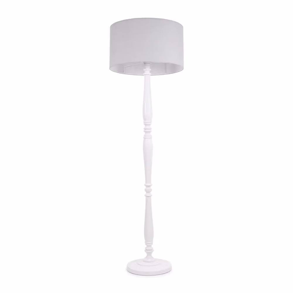 ValueLights Classic White Wood Floor Lamp with Grey Fabric Cylinder Shade – 2
