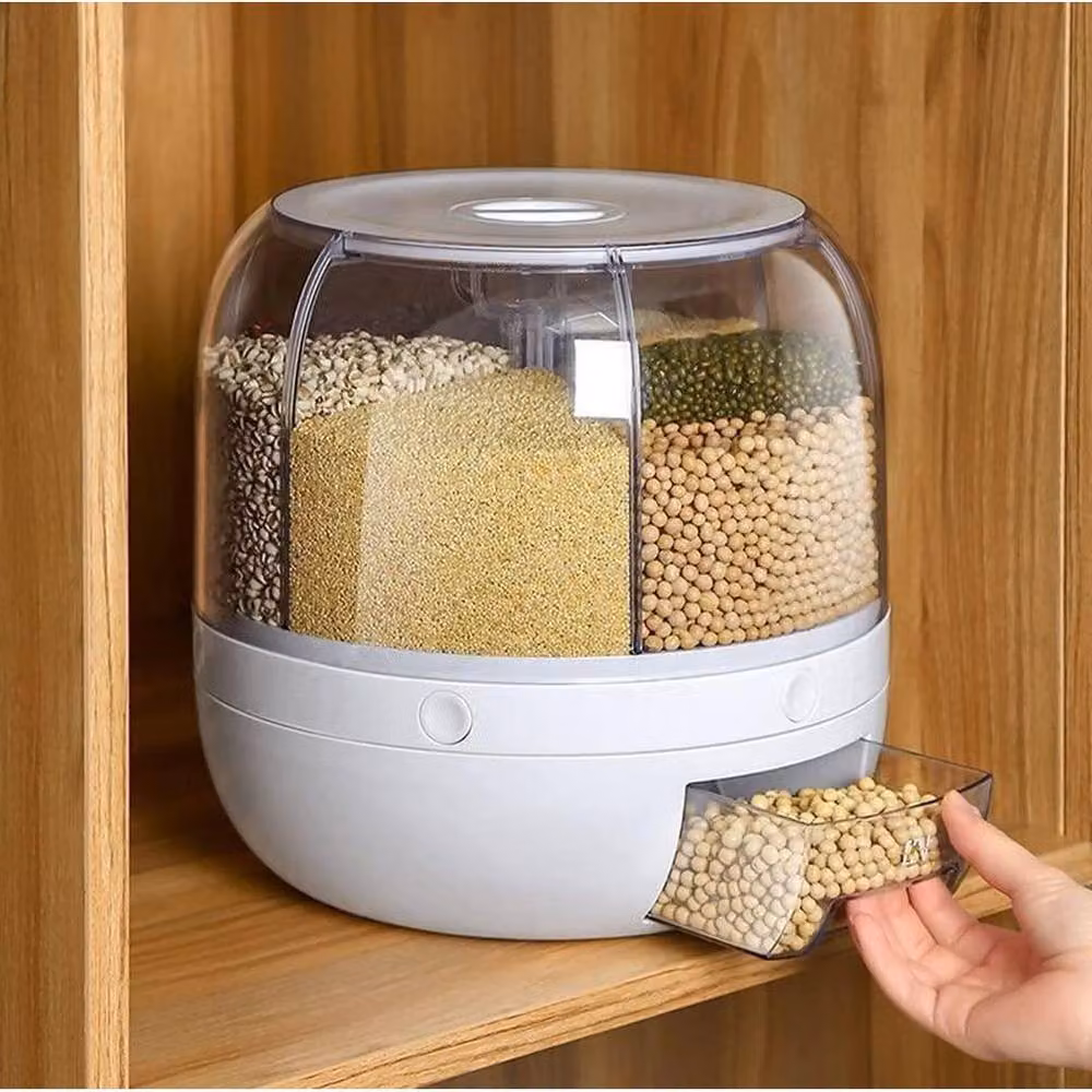 KORVIXA 6-Grid Rotating Rice and Dry Food Dispenser in White and Transparent Plastic with Airtight Compartments – 3
