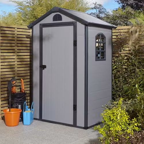 Rowlinson Airevale Plastic Apex Shed in Light Grey with Foundation Kit and Window, W/D/H: 121.92 x 120 x 204 cm – 1
