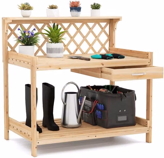 Costway Brown Wooden Garden Potting Bench Table