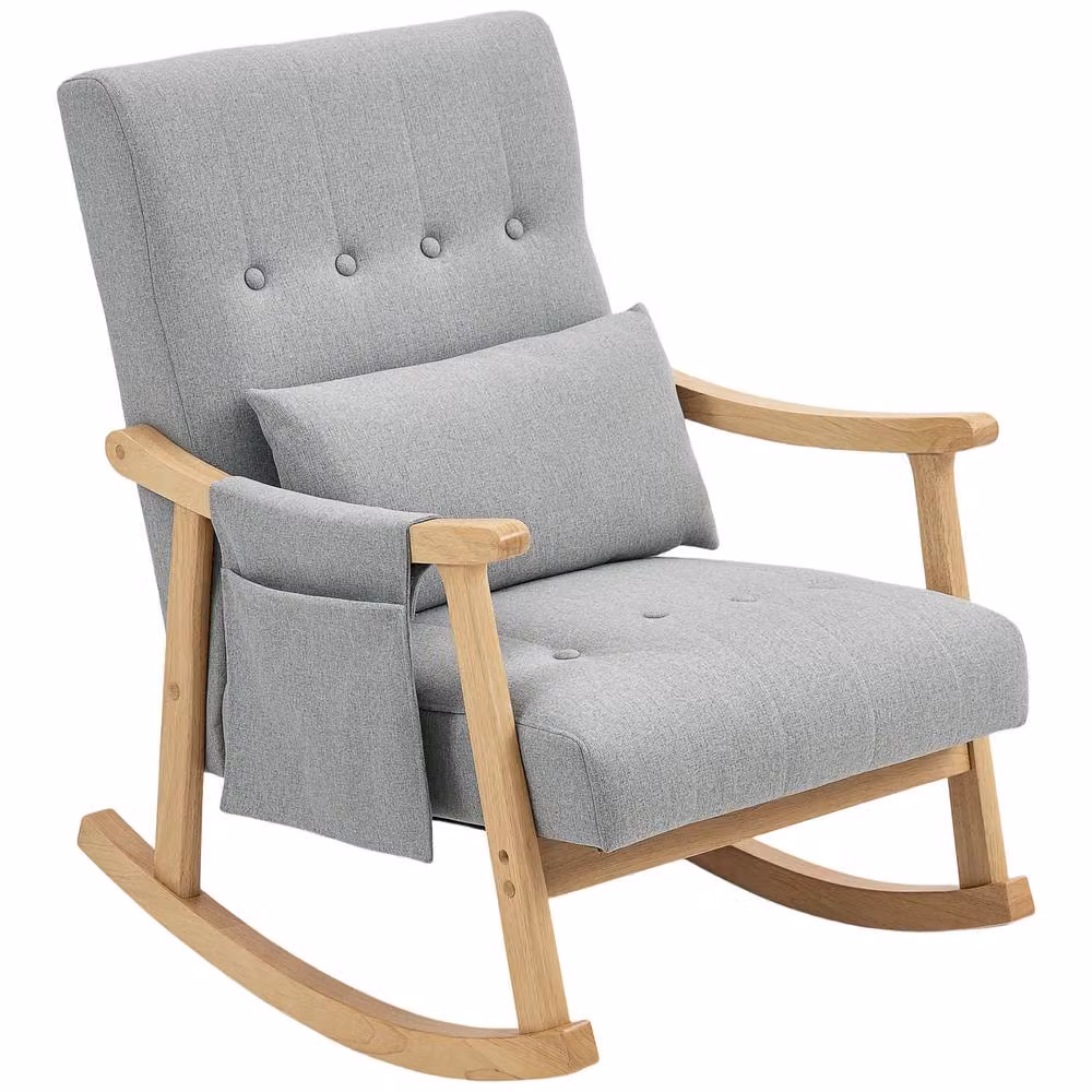 STILVORA Grey Fabric Rocking Chair with Armrests and Side Pocket and Solid Rubberwood Frame – 2