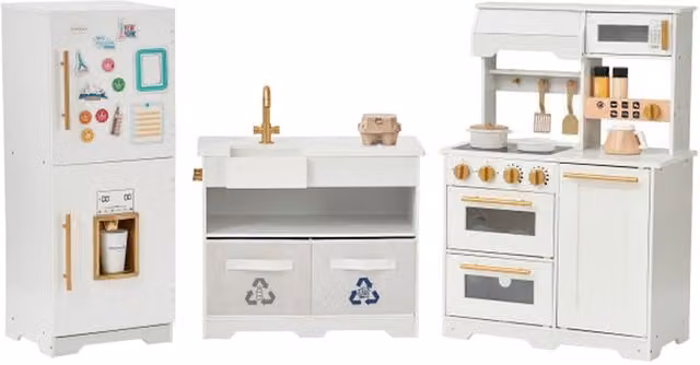 Teamson Kids Large Wooden Play Kitchen with Fridge and Accessories in White and Gold