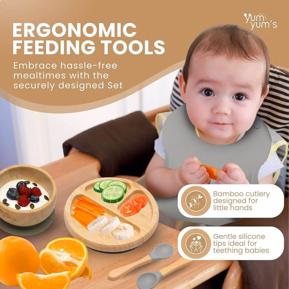 Yum Yums 6-Piece Silicone and Bamboo Baby Weaning Feeding Set in Green and Grey – 2