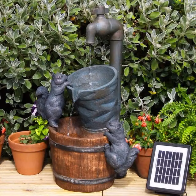Primrose Solar Powered Squirrels and Bucket Filling Water Feature Cascade Waterfall in White