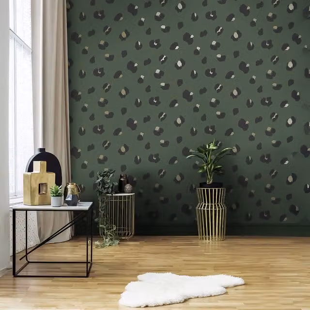 Holden Decor Large Leopard Spot Animal Print Wallpaper in Green Matt Finish