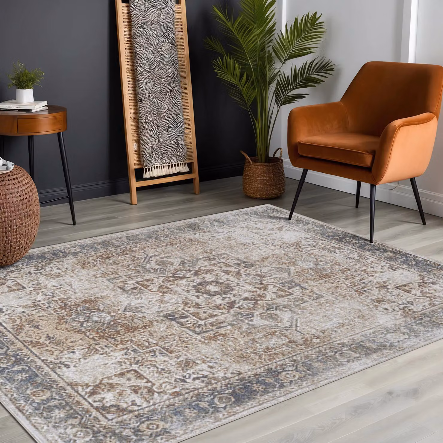 Livabliss Lilian Washable Round Vintage Boho Living and Dining Room Rug in Multicolour Burnt Orange, Brown and Blue, Diameter: 200 cm – 3