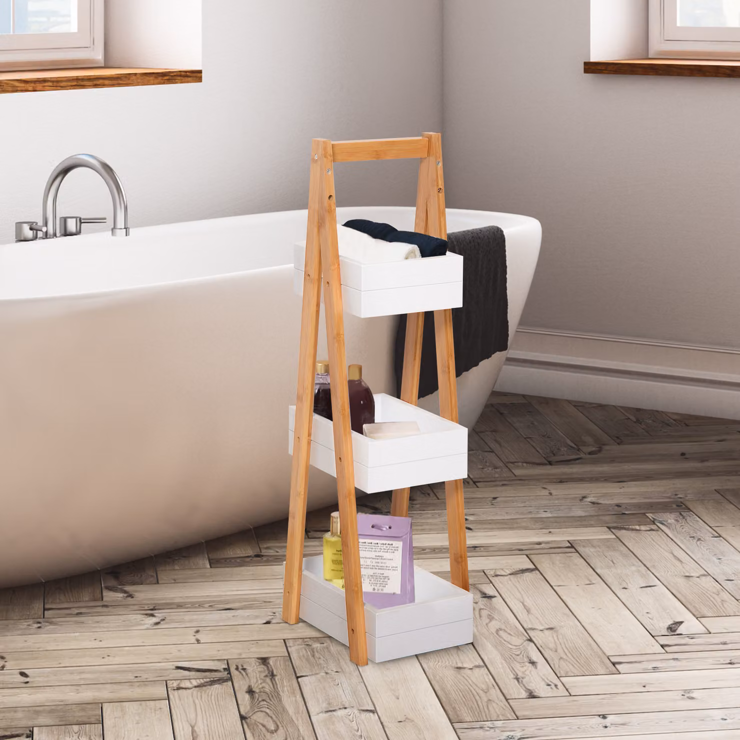 HOMCOM 3 Tier Freestanding A-Frame Ladder Shower Caddy and Bathroom Storage Rack, White – 2