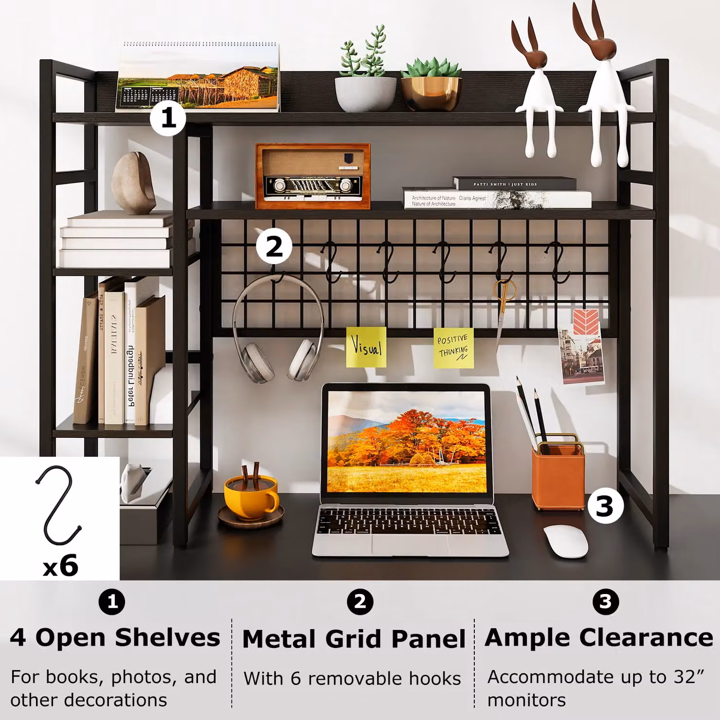 Gymax 4-Tier Metal Desk Shelf with Black Grid Panel and Matt Finish – 7