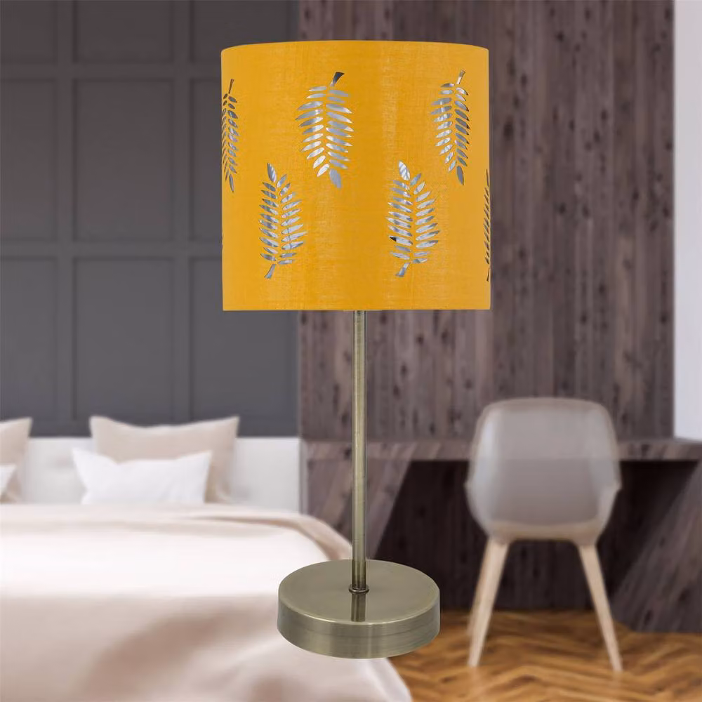 First Choice Lighting Set of 2 Antique Brass Stick Table Lamps with Ochre Fabric Shades – 2
