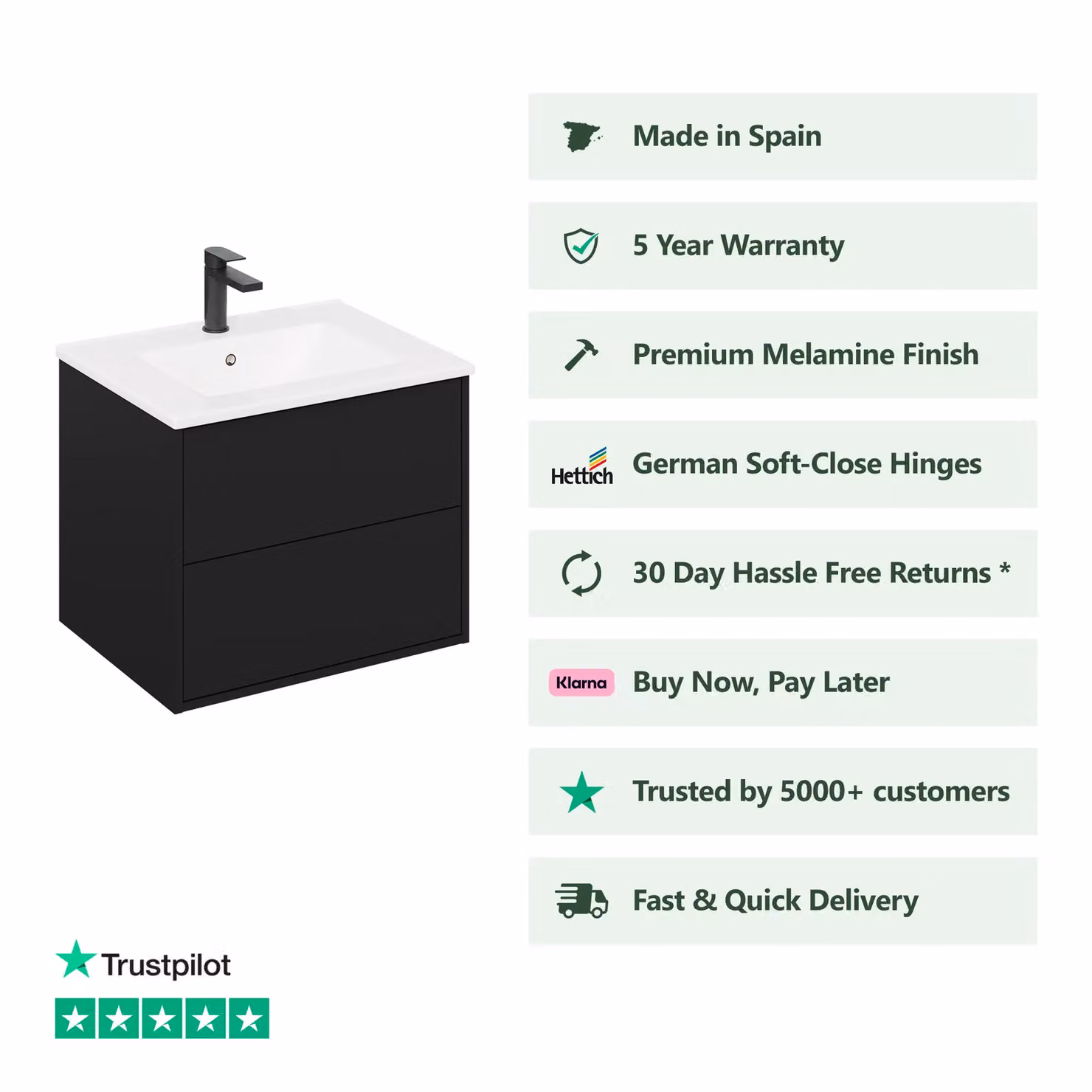 Banyetti Venti 600mm Wall Hung Vanity Unit with Lira Basin, Matt Black (W: 60 cm, D: 45 cm, H: 48 cm) – 2