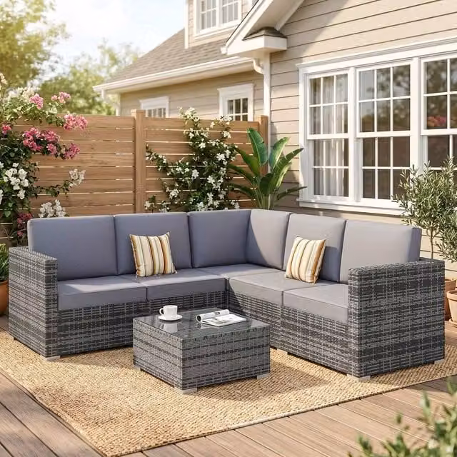 OUTSUNNY 4 Piece Rattan Furniture Set with Grey Wicker Chairs and Coffee Table – 1