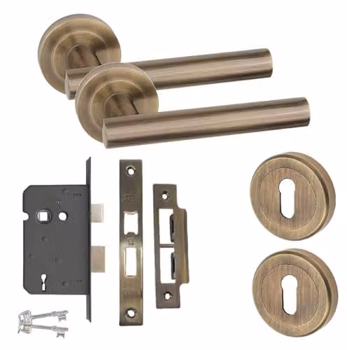 Golden Grace Straight T-Bar Metal Key Lock Door Handle Set in Gold or Bronze with Brass Rosette and 45mm Mortise Lock – 1