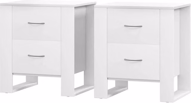 VOGREX Set of 2 White Modern Bedside Tables with Drawers and Silver Accents, W/D/H: 39 x 48 x 54 cm