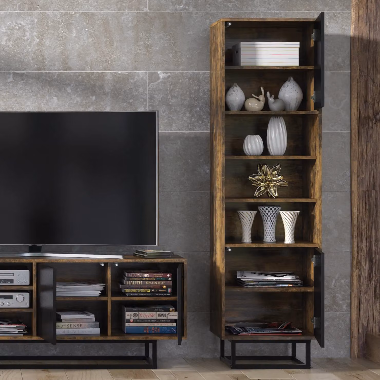 Creative Furniture Harmony Loft Display Cabinet in Oak and Black Matt, W/H: 175 x 35 cm – 2