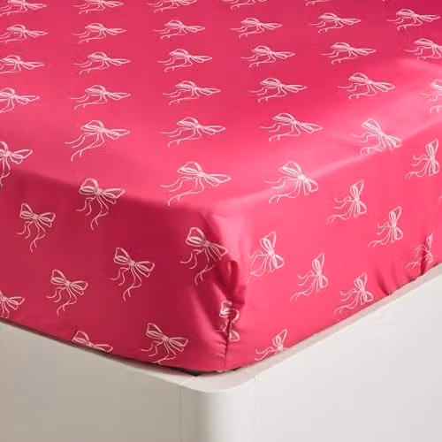 OHS Bow Print Microfibre Fitted Bed Sheet, Pink, W/D/H: 150 x 200 x 25 cm
