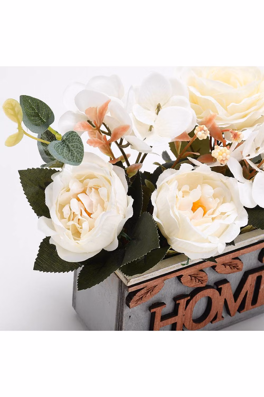 Living and Home Artificial Hydrangea and Peony Tabletop Centerpiece in White and Green with Wooden Box – 2