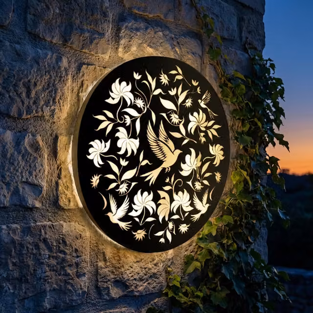 Betley Butterfly Round Solar LED Wall Light in Black Metal