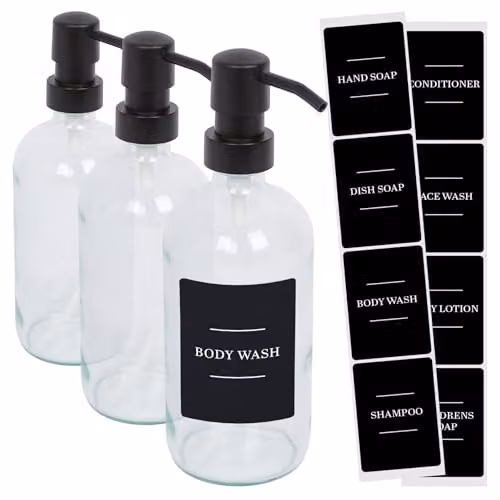 Harbour Housewares Pack of 3 Refillable Glass Soap Dispensers with Pumps and Black Labels, 500ml, Transparent