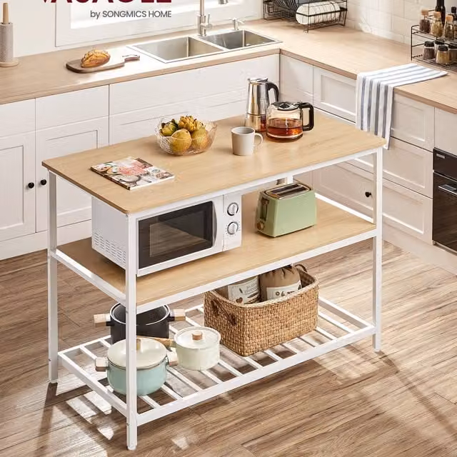 VASAGLE Yellow Kitchen Island Bakers Rack with Large Worktop and Metal Structure, H 90 x W 60 x D 60 cm