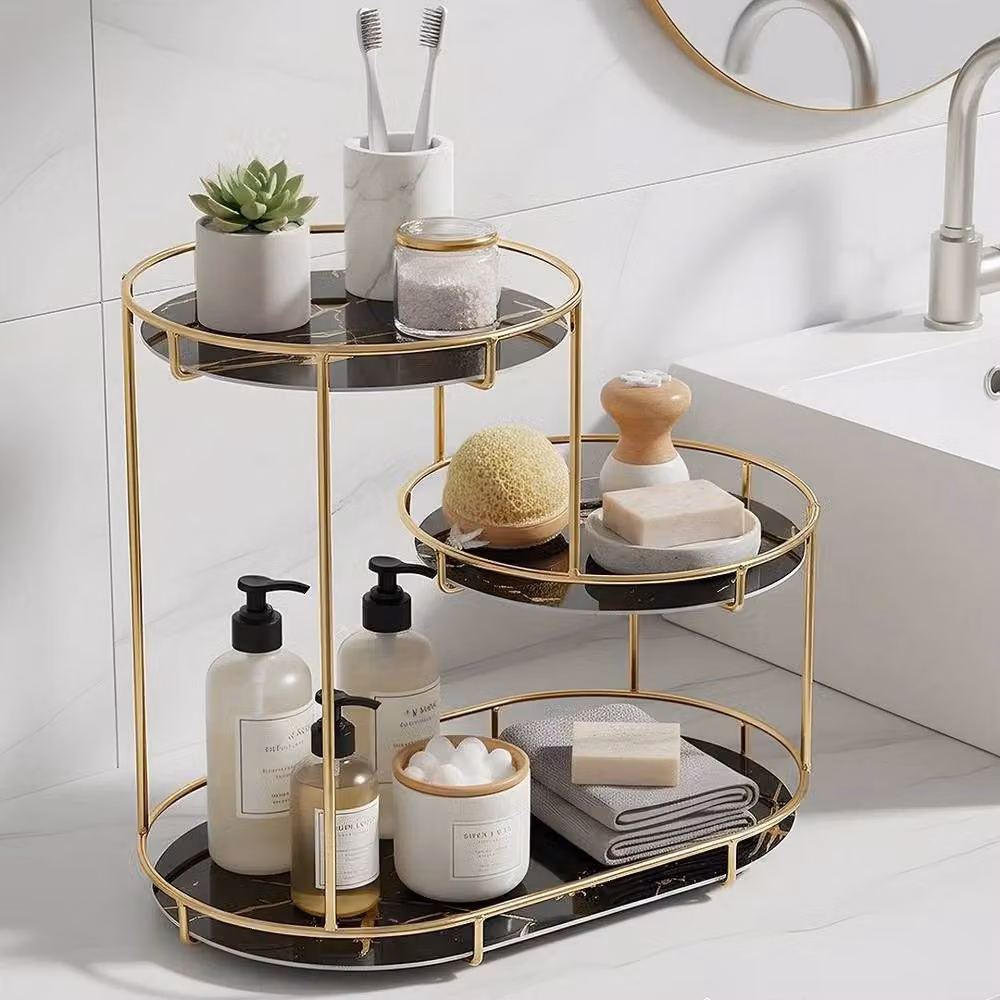 KORVIXA Black and Gold Rotating Perfume Organiser Stand Tiered Shelf Rack – 3