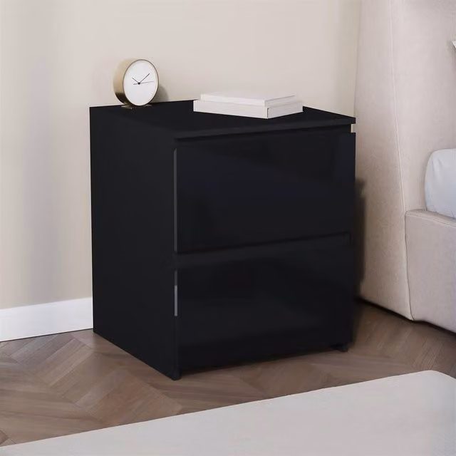 FORGEVIO Modern 2 Drawer Gloss Bedside Chest Storage Cabinet in Black – 1