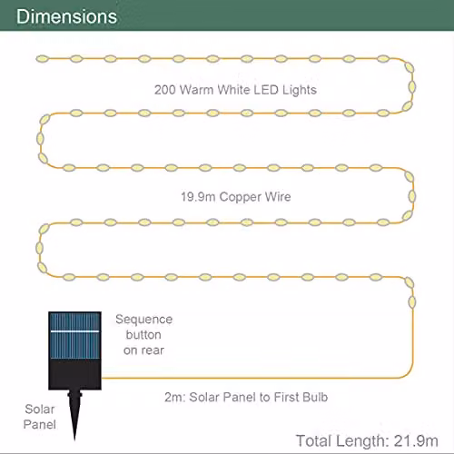 GardenKraft Solar Powered Micro LED Outdoor String Lights with 200 Warm White Lights and Copper Cord, IP44 Weatherproof – 5